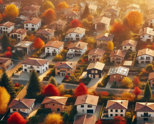 Vista aerea di un quartiere residenziale vicino a Vicenza in autunno, con case di diverse dimensioni e stili, circondate da alberi dai colori caldi tipici della stagione autunnale.